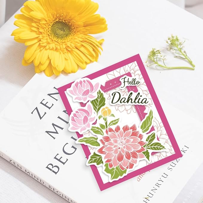 ORIGACH Realistic Dahlia Layering Stencils Set for Card Making, Dahlia Silicone Stamps and Die Sets and Flower Stencil Template for Scrapbooking DIY Crafting