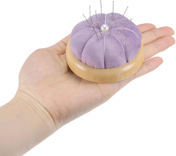 HARFINGTON Wooden Base Pin Cushion Japanese Style Cute Needle Holder Pincushions Round for Sewing Quilting Needlework DIY Crafts, Dark Red