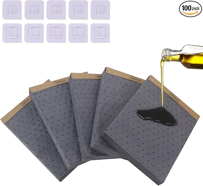 20 * 5 PCS Oil Absorbent Pads with Hanging Hooks - 10"x13" Reusable Liquid Spill Mats for Garage & Workshop - Super Absorbent Leak Control Pads (Grey, Boxed)