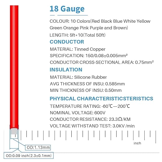 BNTECHGO 18 Gauge Silicone Wire Kit 10 Color Each 5 ft Flexible 18 AWG Stranded Tinned Copper Wire