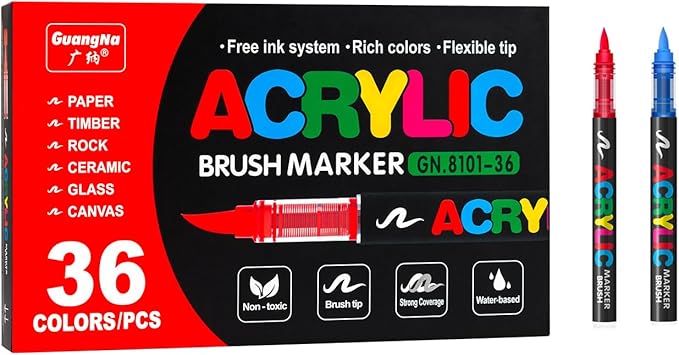 Acrylic Paint Markers Pens, 36 Vivid Colors Acrylic Markers Set,Direct Liquid Type, Stackable Color, Odorless Soft Head，Markers for School，Tooli Art ，Fabric & Creative Crafts (36)