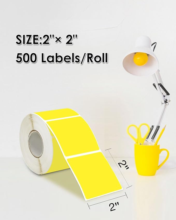 iEager Yellow Square Thermal Label Stickers, 2"x2" Self-Adhesive Square Direct Thermal Labels with Perforation Line, 500 Sheets/Roll
