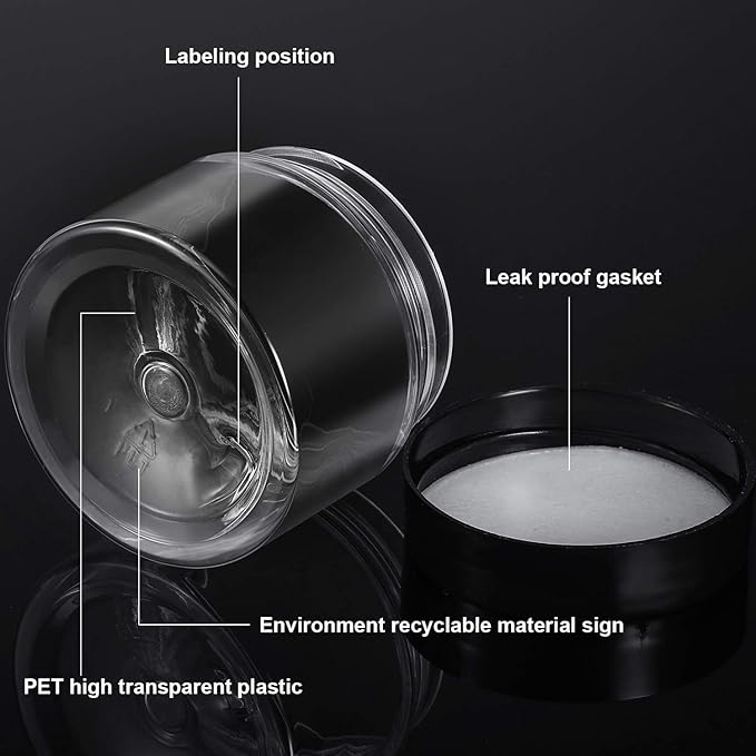 12 Pack 3 oz Plastic Container Jars with Lids Round Clear Travel Cosmetic Container Jars for Toiletries, Lotion, Cream, Ointments, Makeup, Rhinestone, Samples, Kitchen Storage (Black)