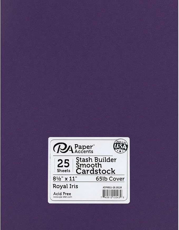 PA Paper Accents Stash Builder Cardstock 8.5" x 11" Royal Iris, 65lb colored cardstock paper for card making, scrapbooking, printing, quilling and crafts, 25 piece pack