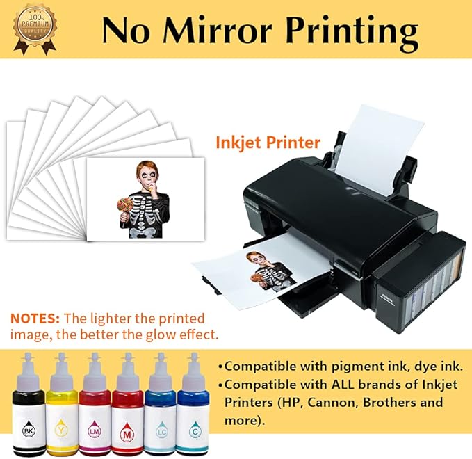 TransOurDream Luminous Heat Transfer Paper for T Shirts (10 Sheets, 8.5x11'', Glow 2.0) Printable Heat Transfer Vinyl for Inkjet Printer Iron on Transfers for Light & Dark Fabrics (TRANS-GD2-12)