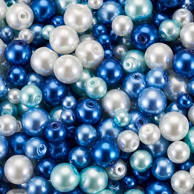 1840Pcs 4/6/8mm Glass Pearl Beads Multi Colors Round Spacer Pearlized Beads for DIY Craft Jewelry Making, Mixed Blue & White