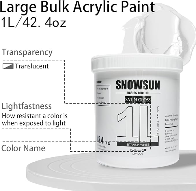 SNOWSUN Titanium White Acrylic Paint, 2 Pack 1 L /42.4 oz Large Bulk Acrylic Paints, Gloss Non-Toxic Heavy Body Paints - Thick Art Paints for Multi-Surface Canvas Wood Ceramic Fabric Wall- Ideal for Artists & Beginners