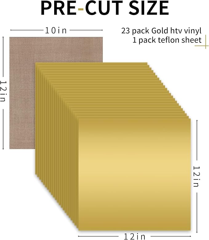 HTVRONT Gold HTV Heat Transfer Vinyl Bundle: 24 Pack 12"x12" Iron on Vinyl Sheets for T-Shirt (1 PTFE Sheet Included), Gold PU HTV Vinyl Easy to Cut & Weed for Heat Design