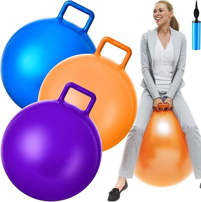 Lewtemi 3 Pcs 29 Inch Bouncing Ball with Handle, Outdoors Hopper Jumping Hopping Ball and Air Pump for Sports Exercise (Orange, Blue, Purple)