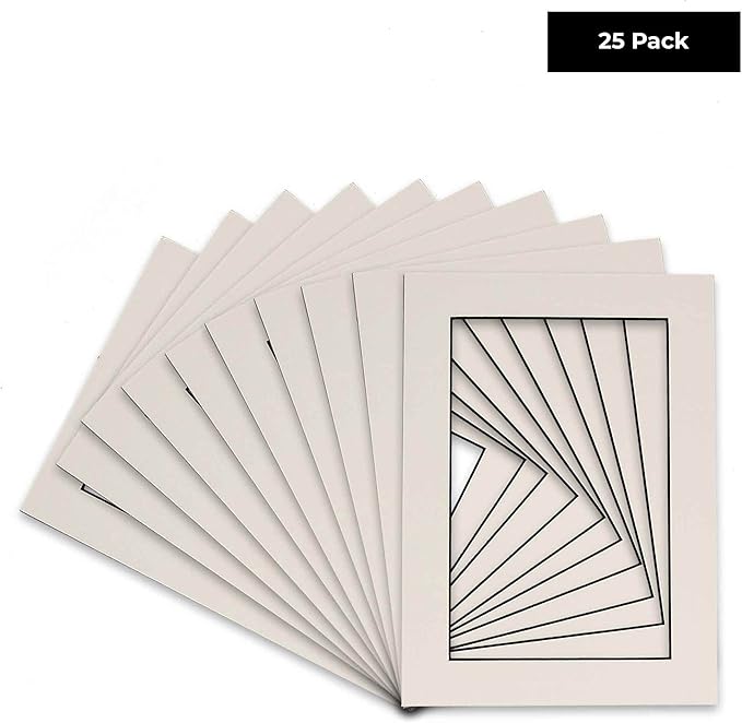 Pack of 25 Acid Free 8.5x11 Mats Bevel Cut for 7x9 Photos - White with Black Core Precut Matboards With Backing Boards and Clear Photo Mat Bags For Pictures, Photos, Framing - 4-ply Thickness