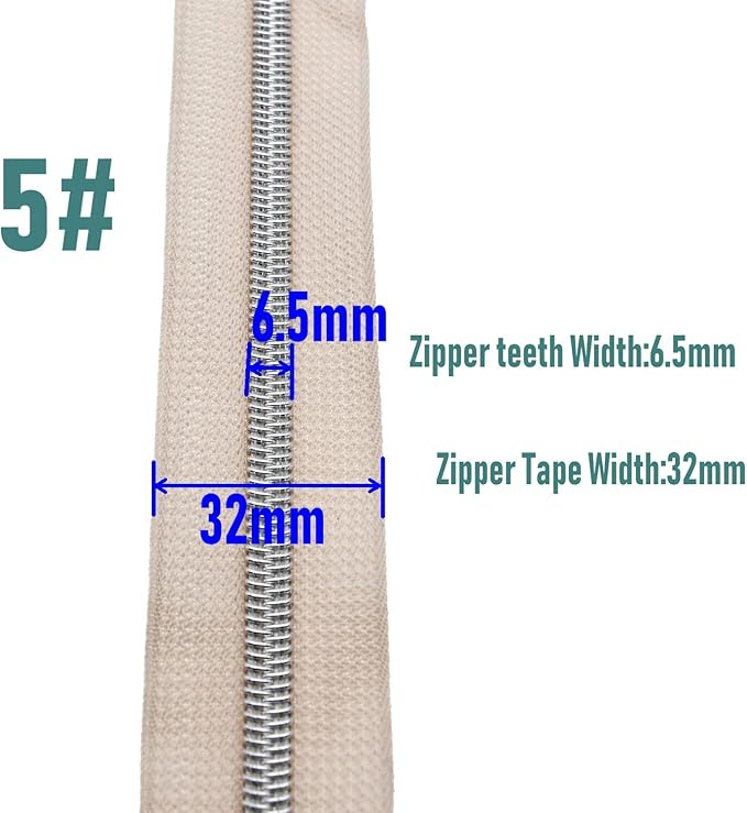 #5 Silver Teeth Metallic Nylon Coil Zippers by The Yard Bulk 10 Yards Beige Zipper Tape with 25pcs Silver Sliders for DIY Sewing Tailor Craft Bag Luggage Sofa Zipper Leekayer (Beige)