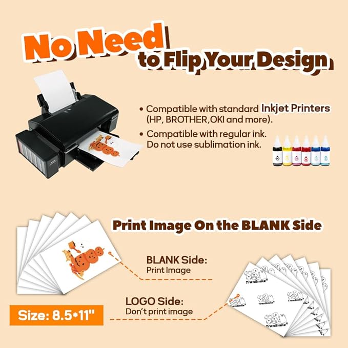 TranSmile PU-Heat Transfer Paper for Inkjet Printer (10 Sheets, 8.5x11", Dark) Iron on Transfers for Dark Fabric, Printable Heat Transfer Vinyl for T Shirts, Vibrant & Washable