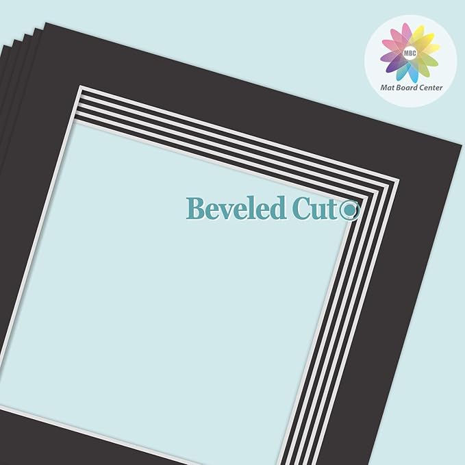 MBC Mat Board Center, 5 Pack 10x10 for 8x8 Black Picture Mats Frame Mattes, Bevel Cut, Acid Free, 4-ply Thickness