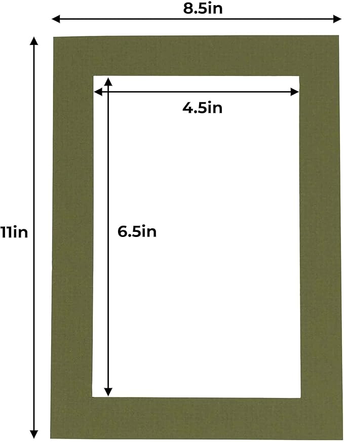 5x7 Mat for 8.5x11 Frame - Precut Mat Board Acid-Free Dill Green 5x7 Photo Matte For a 8.5x11 Picture Frame, Premium Matboard for Family Photos, Show Kits, Art, Picture Framing, Pack of 10 Mats