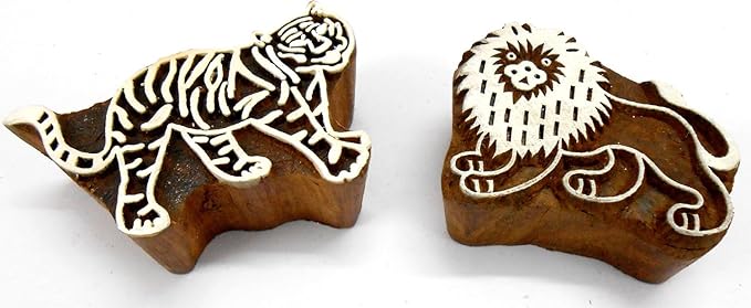 Lion Tiger Wooden Blocks Stamps for Printing on Textiles, Pottery Crafts,Henna, Scrapbooking (Set of 2)