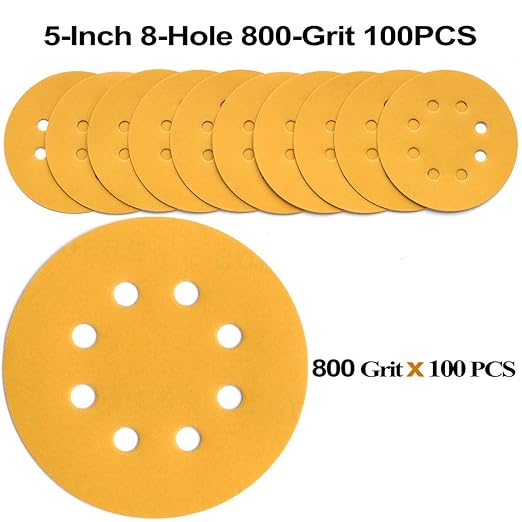 5-Inch 8-Hole Hook and Loop Sanding Discs 800-Grit Random Orbit Sandpaper, 100-Pack