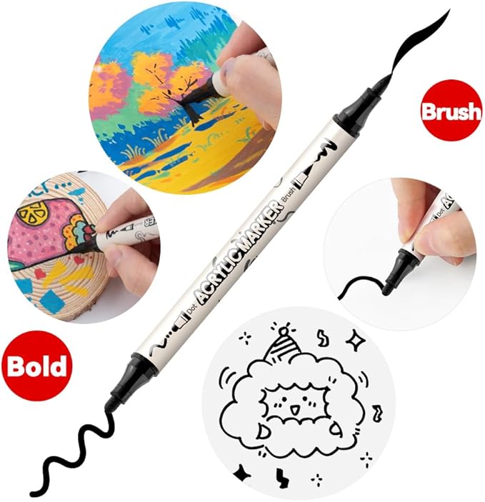 TRANSON 4 Black and 4 White Paint Markers Brush and Bold Dual-tip Acrylic Paint Marker Set for Rock Painting Glass Canvas Wood Leather Ceramic Painting