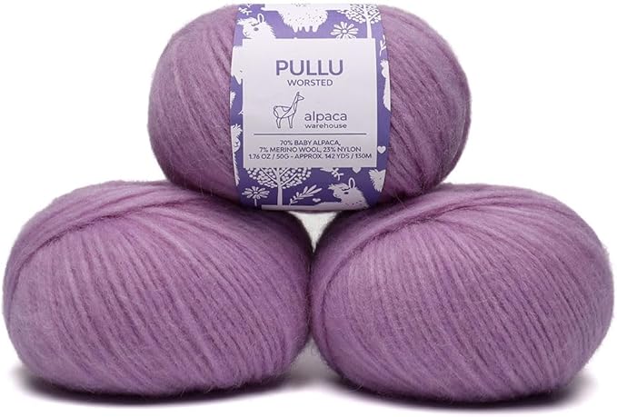 Pullu - Baby Alpaca Merino Wool Yarn Set of 3 Skeins (150 Grams) Worsted Weight - Sourced Directly from Peru - Heavenly Soft and Perfect for Knitting and Crocheting (Lavender Fields)