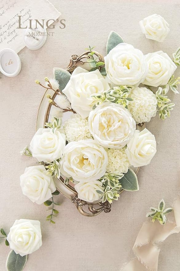 Ling's moment Ivory Dahlia Foam Artificial Flowers Real Touch Faux Fake Flower for Home Decor Graduation Baby Shower Decorations Outdoors Party Favors Wedding Gifts Centerpieces Arrangements 25pcs