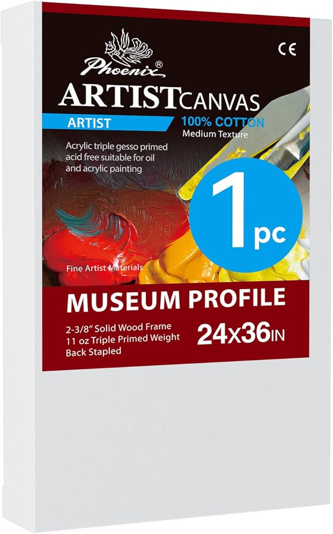 PHOENIX 24x36 Inch Museum Canvas - 2 3/8 Inch Thick Porfile Deep Large Stretched Canvas for Painting 1 Pack 100% Cotton 11 Oz. Gesso Primed White Blank Professional Canvas Oil & Acrylic Paints