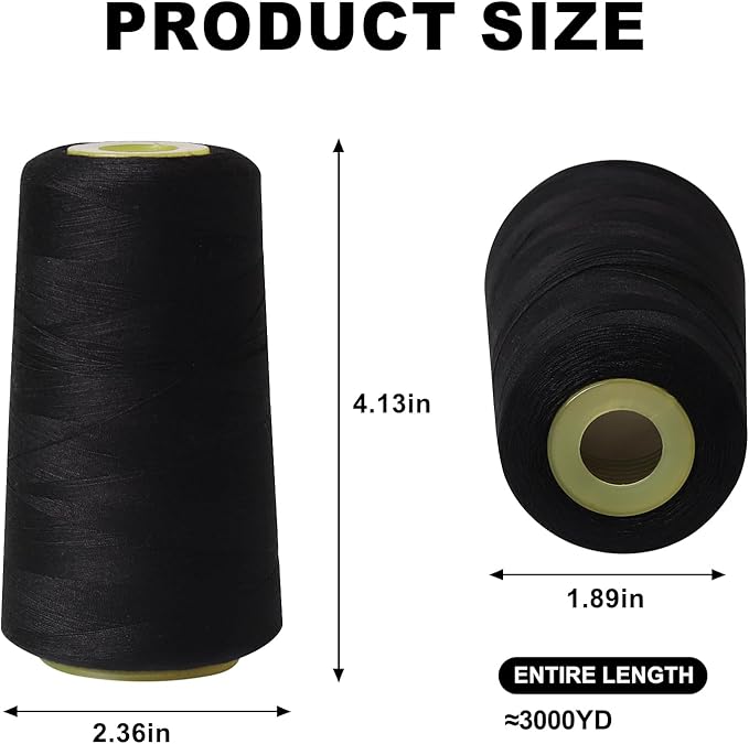 Sewing Thread Cone Set, 2 Pack Serger Thread, 3000 Yards Each, All Purpose Thread for Sewing, Quilting, Machines, Overlock, Merrow & Hand Embroidery (Black*2)
