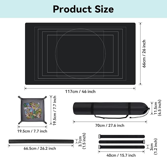 Puzzle Mat Roll Up with Drawstring Storage Bag, Portable Saver Pad 46” x 26” Up to 1500 Pieces with Non-Slip Rubber Bottom & Smooth Top + 4 Puzzle Sorting Trays & Travel-Friendly Storage Bag