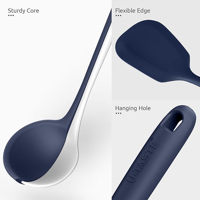 Silicone Kitchen Cooking Utensil Set: U-Taste High Heat Resistant 13.6in Kitchen Gadgets, BPA Free Non Stick Rubber Cook Accessories For Stir Frying, Serving, Basting, Mixing (5 Pieces, Midnight Blue)