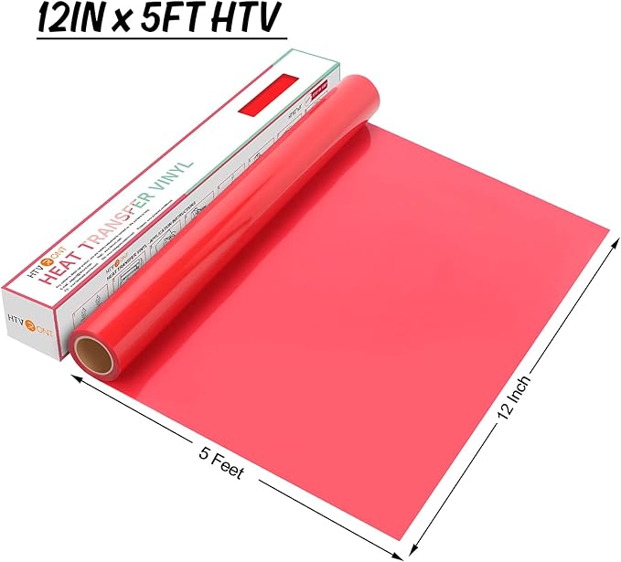 HTVRONT HTV Vinyl Rolls Heat Transfer Vinyl - 12" x 5ft Red HTV Vinyl for Shirts, Iron on Vinyl for All Cutter Machine - Easy to Cut & Weed for Heat Vinyl Design (Red)