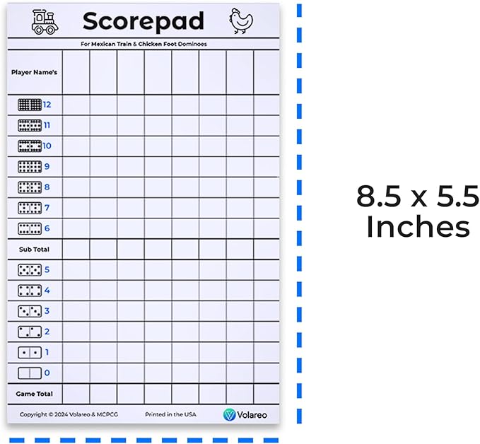 Mexican Train and Chicken Foot Dominoes Score Pad - 100 Scoring Sheets per Scorepad, 8.5 x 5.5 Inches - Score Sheets for Double 12 Domino Sets, White, VO-320