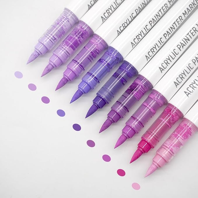 Water Based Acrylic Paint Markers, 9 Colors Acrylic Paint Pens Set with Soft Brush Tip, Marker Pen for Rock Painting, Egg, Wood, Glass, Paper, Mugs, Acrylic Painter Ink (Purple Series)