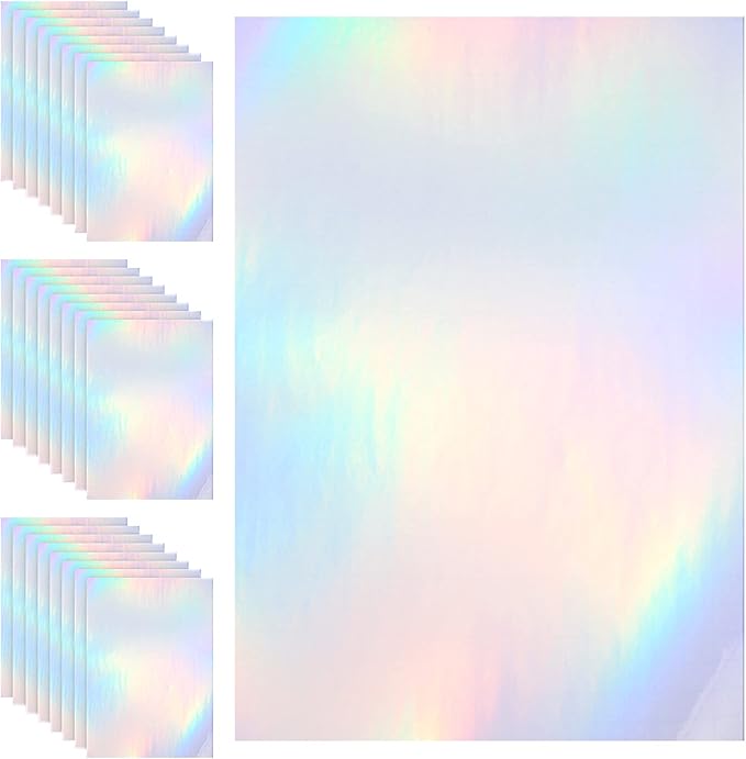 Outus 24 Sheets Holographic Sticker Paper Holographic Laminate Sheets Transparent Overlay Lamination Sticker Self Adhesive Vinyl Film A4 Size, 8.25 x 11.7 Inches(Laser Style)