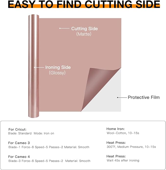 HTVRONT HTV Vinyl Rolls Heat Transfer Vinyl - 12" x 8ft Rose Gold HTV Vinyl for Shirts, Iron on Vinyl for All Cutting Machine - Easy to Cut & Weed for Heat Vinyl Design (Rose Gold)