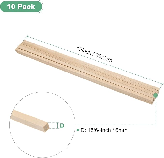 10-Pack Wood Square Dowel Rods, 15/64 x 12 Inch Unfinished Wooden Square Dowel Rod, Hardwood Square Dowel Sticks for Crafts/DIY Projects/Models Making [Wood Color]