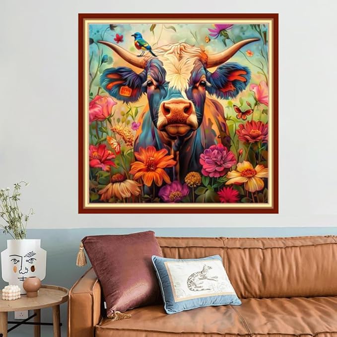 Joyhoor Stamped Cross Stitch Kits for Beginners, Needlepoint Kits for Adults, 11CT Counted Embroidery Kits-Colored Cattle 18x18 inchs