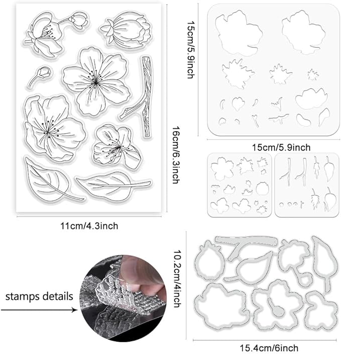 ORIGACH Realistic Peach Blossom Layering Stencils Set for Card Making, Flower Stencil Template Silicone Stamps and Die Sets for Scrapbooking DIY Crafting