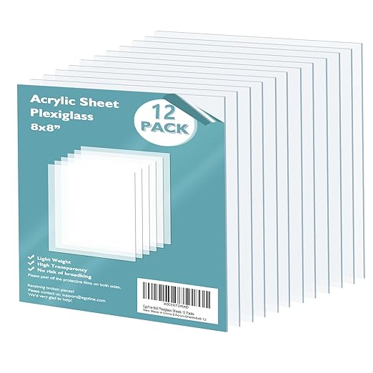 Egofine Plexiglass Sheets Acrylic Sheets 12 Pack of 8x8’’ 0.04 Thick Clear Plastic Cast Transparent Plexi Glass for Crafting Projects, Replacement Picture Frame Glass, DIY Display, Easy to Cut