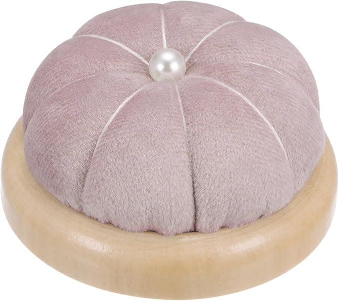 HARFINGTON Wooden Base Pin Cushion Japanese Style Cute Needle Holder Pincushions Round for Sewing Quilting Needlework DIY Crafts, Pink