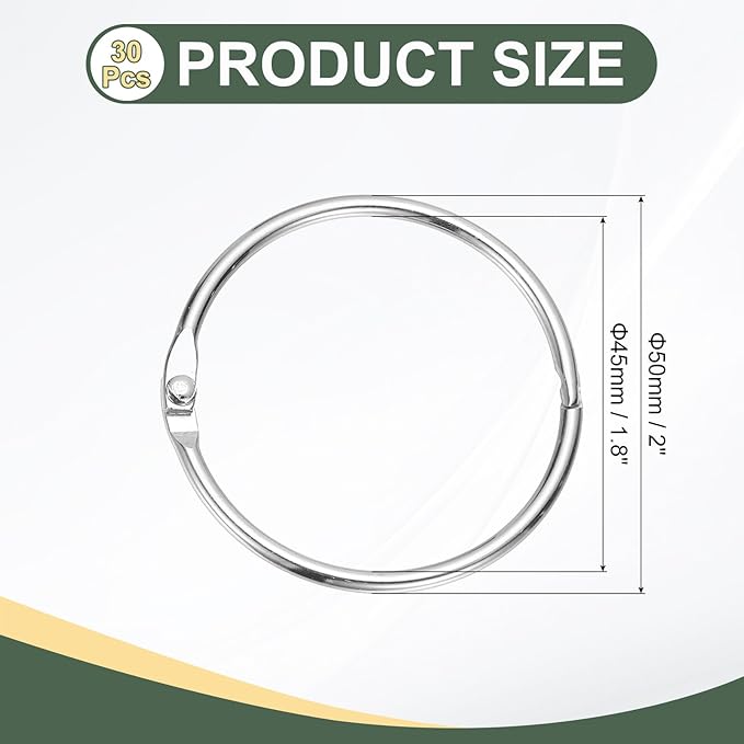PATIKIL 1.8" x 2" Loose Leaf Binder Rings, 30 Pcs Metal Book Rings Nickel Keychain Ring for Paper Index Cards Flash Card Notebook Rings Office Home Book Binder, Silver Tone