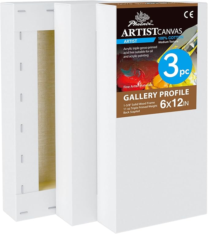 PHOENIX 6x12 Inch 3 Pack Gallery Canvas - Small Long 1.5 in Thick Canvases for Painting - Deep Edge 100% Cotton 11 Oz. Gesso Primed White Blank Professional Canvas Oil & Acrylic Paints