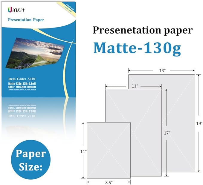 Uinkit Brochure Paper Glossy Double Sided 8.5x11 Inkjet 37lb 140gsm Dye ink Thin Photo Picture Flyer Calendar Magazine CD Cover letter (100, 11x17-matte)