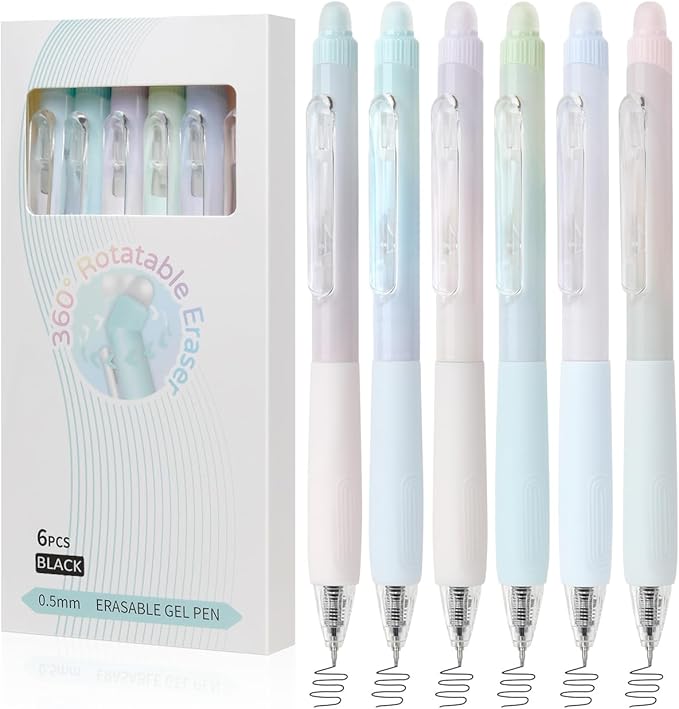 Erasable Pens, 6 Pack Fine Point 0.5mm Black Erasable Gel Pens with 360°Rotating Erasers, Make Mistakes Disappear, Comfort Grip for Drawing, Writing, Planning, and Crossword Puzzles (Black Ink)
