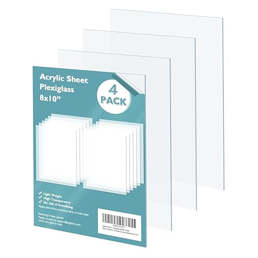 Egofine Plexiglass Sheets Acrylic Sheets 4 Pack of 8x10’’ 0.04 Thick Clear Plastic Cast Transparent Plexi Glass for Crafting Projects, Replacement Picture Frame Glass, DIY Display, Easy to Cut