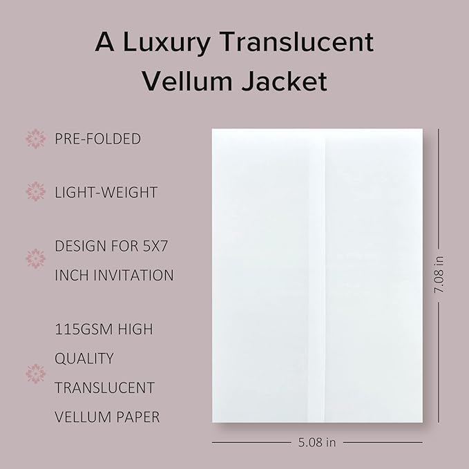 Puremigo 220 Pack Luxury Pre-Folded Vellum Jackets for 5x7 Invitations - Transparent Wedding Invitations Wraps - 115GSM Paper