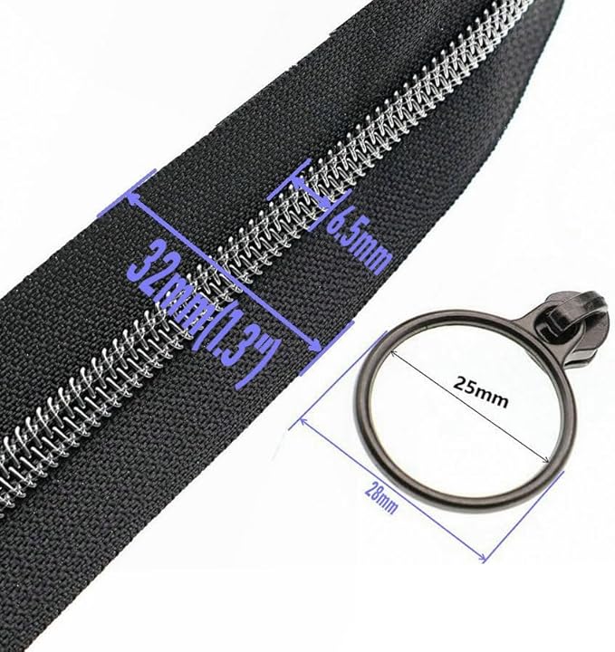 Leekayer #5 Black Nickel Metallic Nylon Coil Teeth Zippers by The Yard Bulk 10 Yards Black Zipper Tape with 25pcs Black Nickel Ring Pull Sliders for DIY Sewing Tailor Craft Bag(Black)