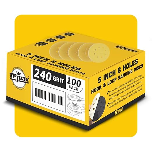 100PCS 5 Inch 240 Grit 125mm 8 Hole Sanding Discs Sandpaper - Premium Gold Round Hook and Loop for Random Orbital Sander - Ideal for Wood, Metal, Automotive
