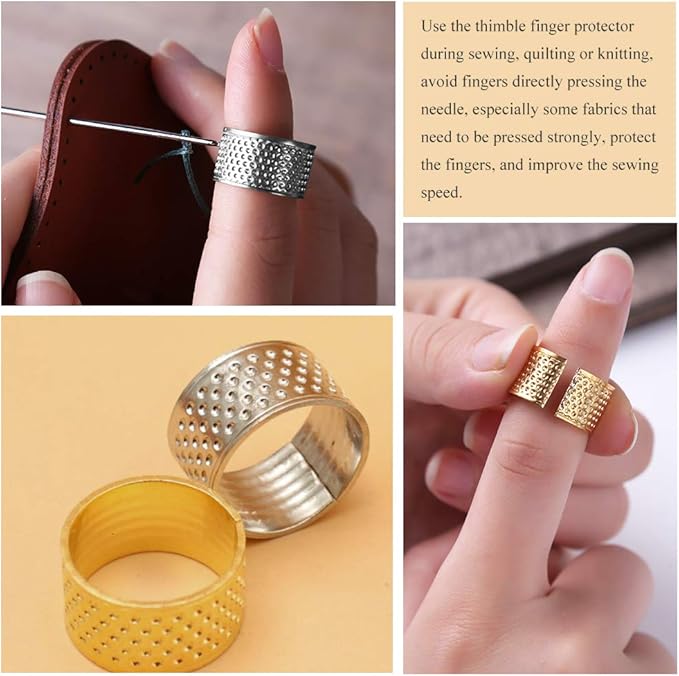 8 Pcs Thimble + 30 Pcs Sewing Needles, Finger Protector Fingertip Adjustable Metal Bronze Rings and Leather Coin Thimble for Needlework, Hand Embroidery Craft