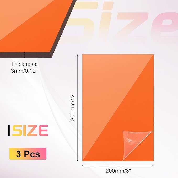 uxcell 3Pcs Acrylic Sheets 12x8 Inch Acrylic Panel 1/8 Inch-3mm Plastic Board for Picture Frames Sign Holders DIY Display Projects Craft, Clear Orange