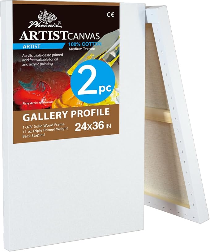 PHOENIX 24x36 Inch 2 Pack Gallery Canvas - 1.5 in Thick Extra Large Canvases for Painting - Deep Edge 100% Cotton 11 Oz. Gesso Primed White Blank Professional Canvas Oil & Acrylic Paints
