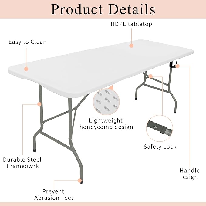 Folding Tables with Carrying Handle Heavy Duty Rectangular Portable Plastic Camping Table Steel Legs for Party, Dining, Wedding, Events, Picnic Indoor, Outdoor (8FT, White)