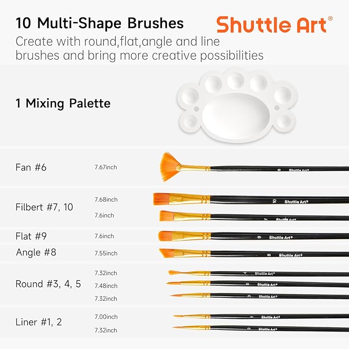 Shuttle Art Metallic Acrylic Paint Set, 20 Colors Metallic Paint in Bottles (60ml, 2oz) with 10 Brushes and 1 Palette, Rich Pigments, Non-Toxic for Artists, Beginners on Rocks Crafts CanvasWood Fabric